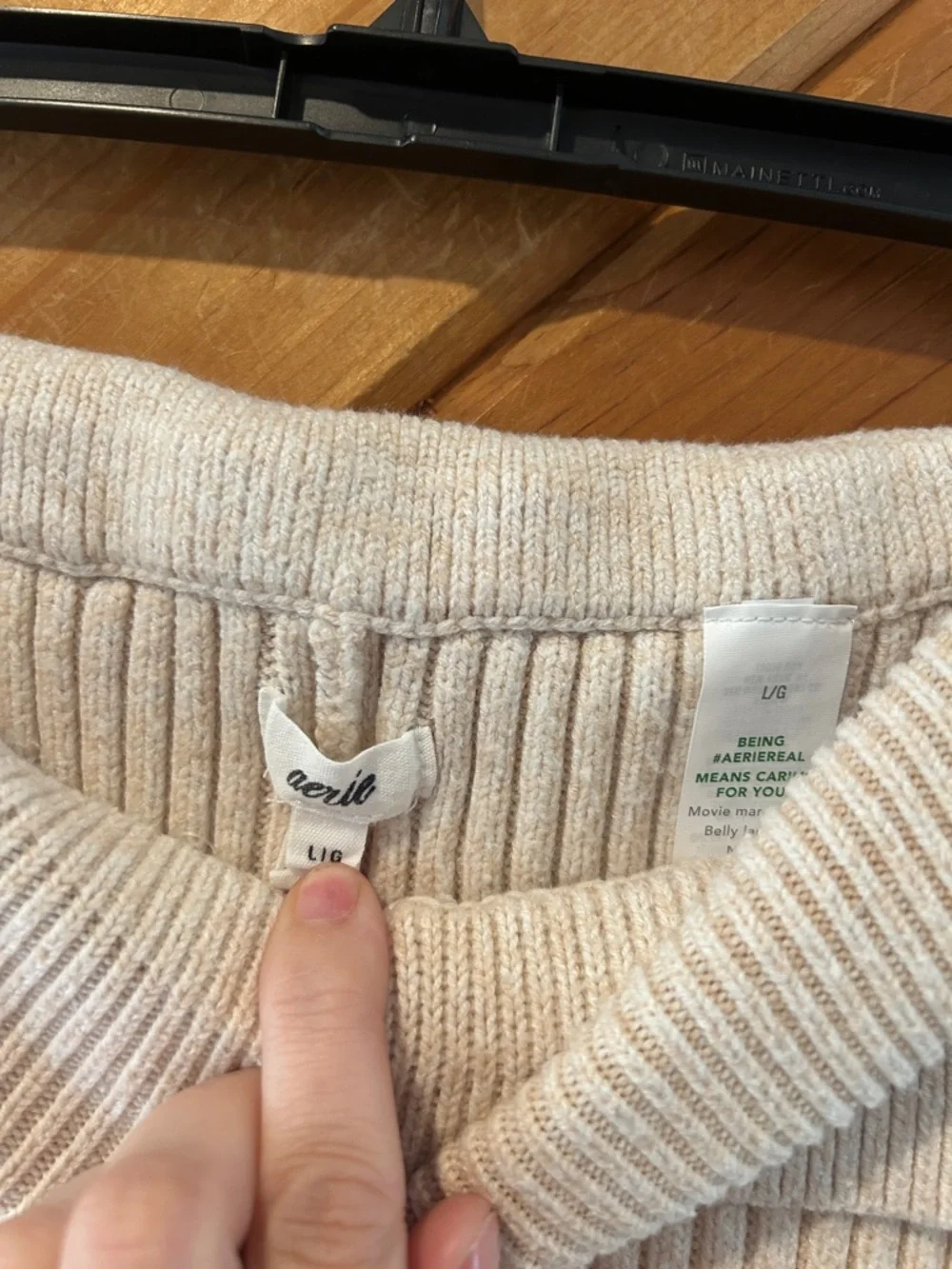 Aerie ribbed Late Night fold over flared knit pants in beige - Picture 4 of 5